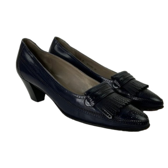 Bally Navy Leather Swiss Heeled Loafers - Picture 1 of 9